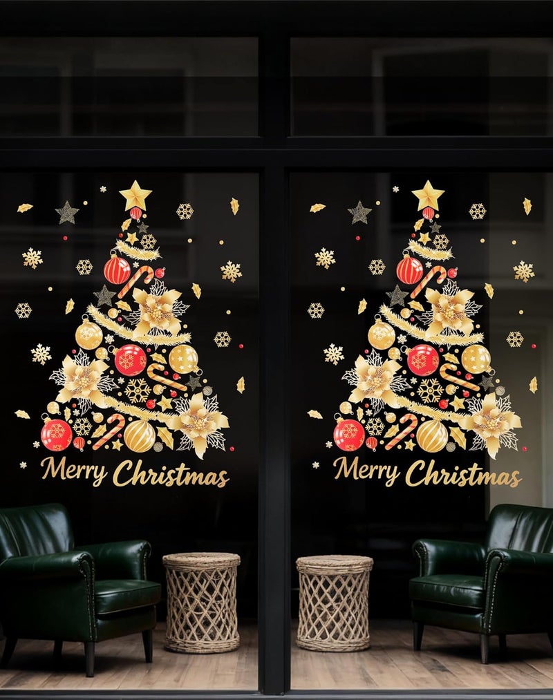 Nullyda Christmas Tree Window Clings for Glass, 19.69 * 15.75 Inch Large Golden Snowflake & Tree Decals, Removable Sticker for Glass Wall Mural Door Showcase DIY Christmas Decor - 2 Pack (Style C) - Image 1